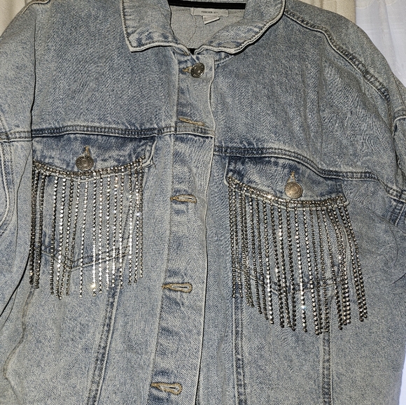 Forever 21 Plus Size Rhinestone Fringe Denim Jacket 1X - Picture 4 of 6
